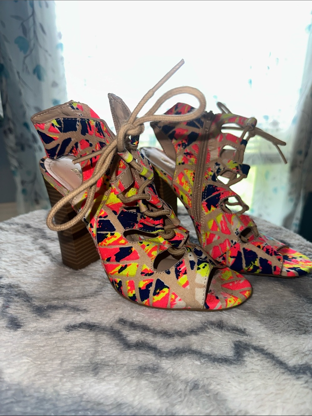 BAMBOO Neon Multi Lace-Up Cutout Block Heel Sandals